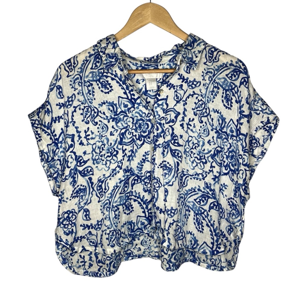 Caroline Constas European Blue White Short Cap Sleeve Boxy Fit Button Down Shirt
